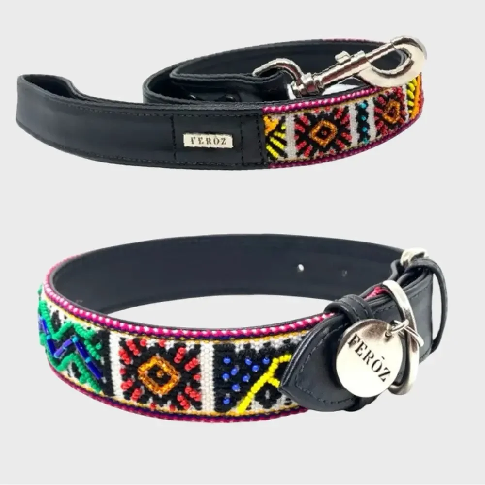 NWT FEROZ Beaded Dog Collar Leash Set L XL Boho Artisan Handmade